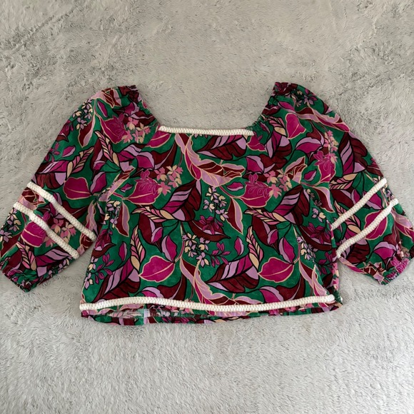 Cynthia Rowley Linen Floral Square Neck Puff Sleeve Crop Blouse XL Tropical - Picture 6 of 7